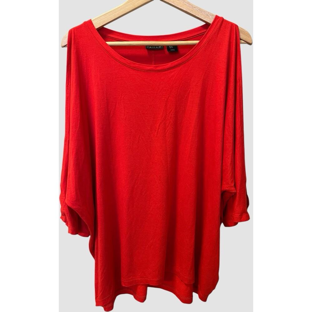 TAHARI Women’s XL Pullover Top Long Sleeve Open Sleeve Stretch Casual Red Office